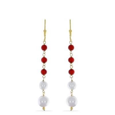 BUY 925 SILVER NATURAL PEARL & RED ONYX ROUND BEADED EARRINGS